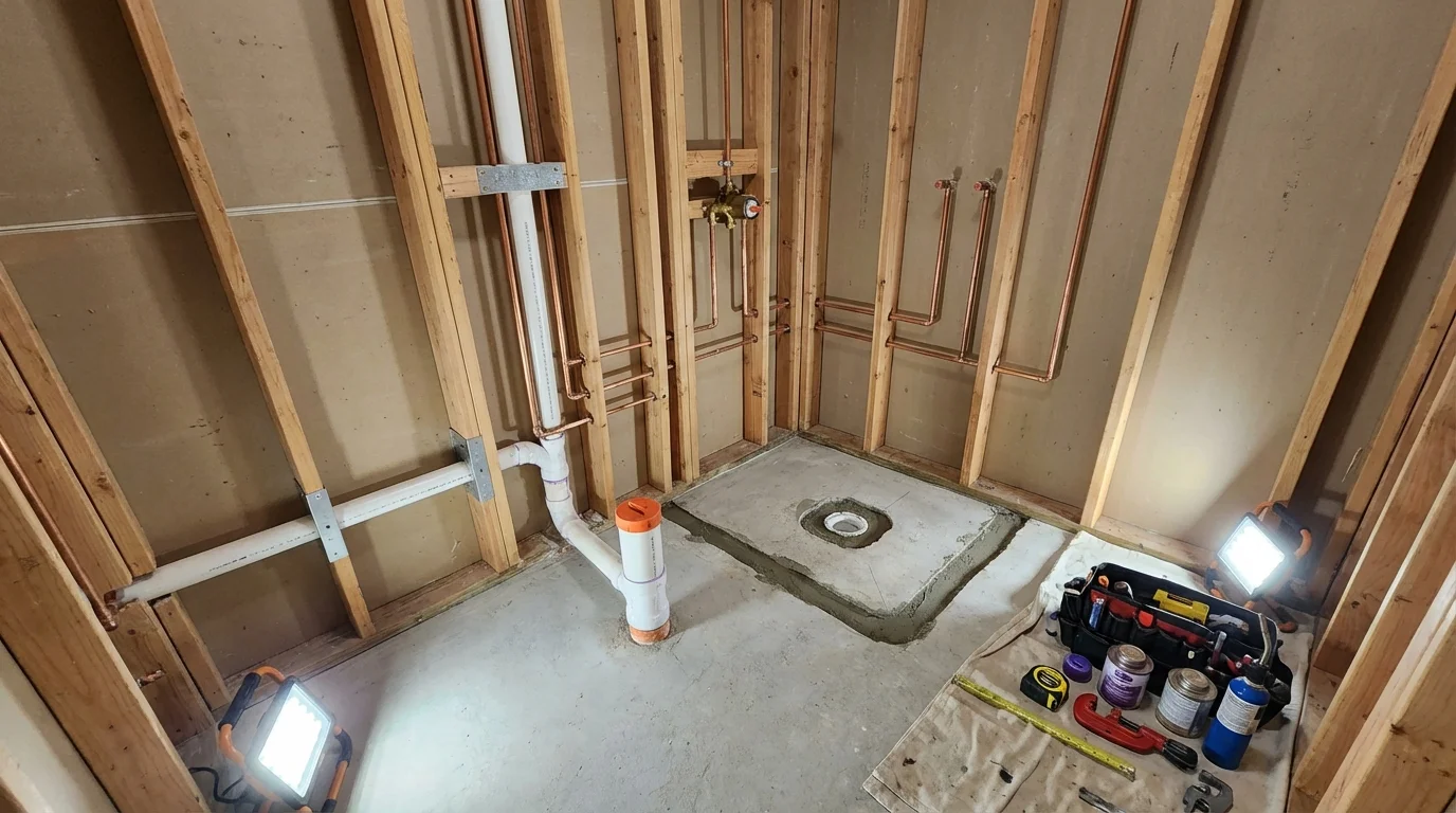 Bathroom rough-in plumbing during remodel by Johns Plumbing LLC in Hummelstown