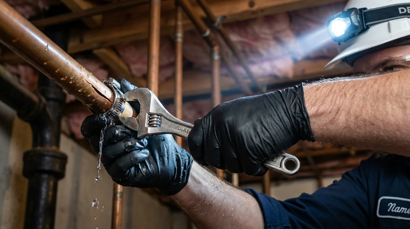 Emergency pipe clamp repair being performed by a Johns Plumbing LLC plumber in Hummelstown