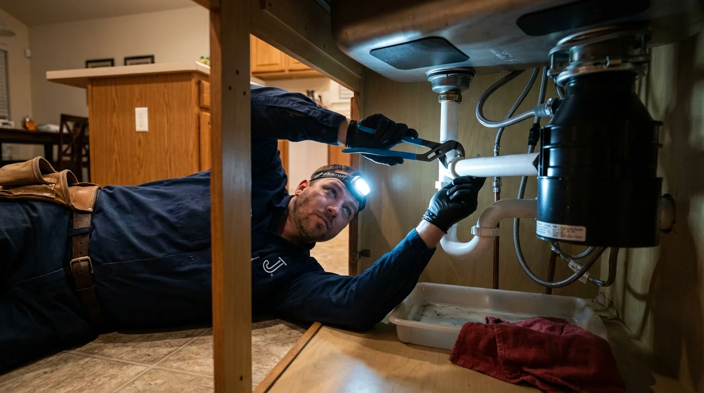 P-trap and supply line connections under a kitchen sink showing a common leak point in Hummelstown, PA